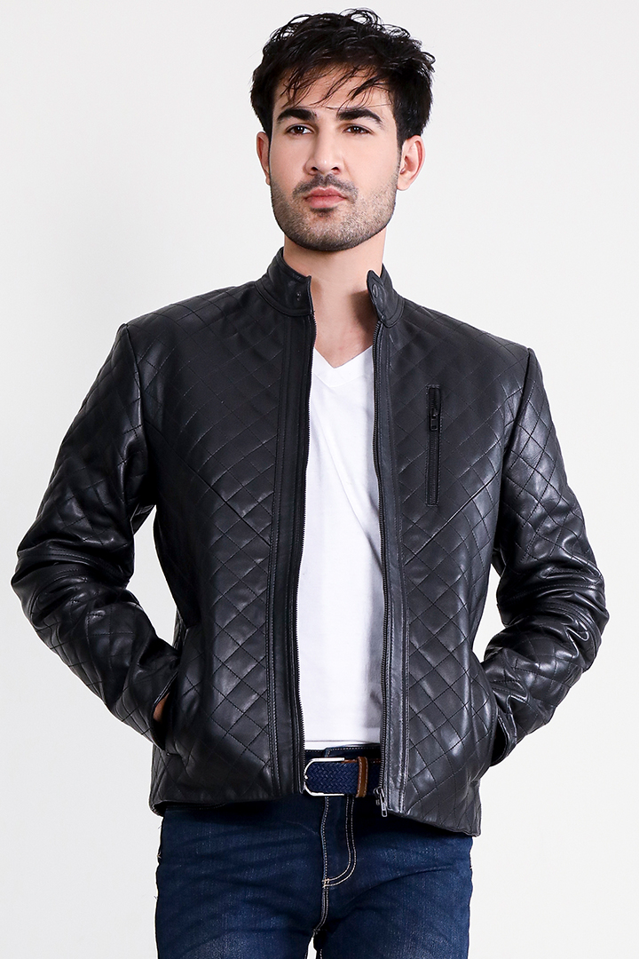 Coffmen Quilted Black Leather Jacket Half Front