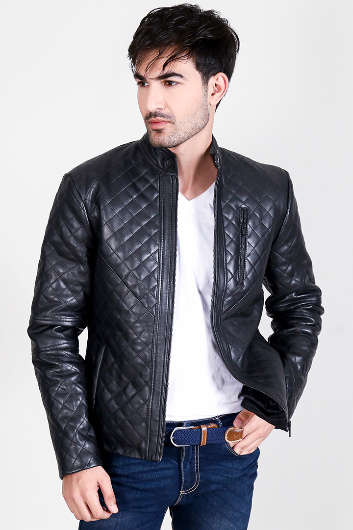 Coffmen Quilted Black Leather Jacket Half Front 2