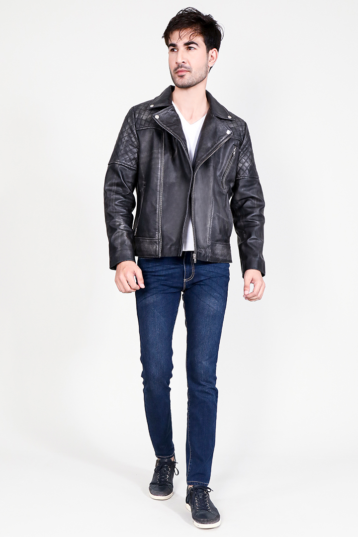 Danny Quilted Distressed Black Leather Biker Jacket Full Front 2