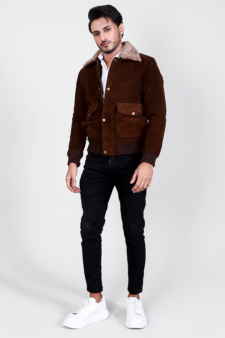 Eaton Brown Suede Bomber Jacket Full Front 2
