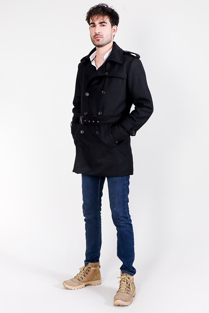 Detective Black Wool Double Breasted Coat Full Front
