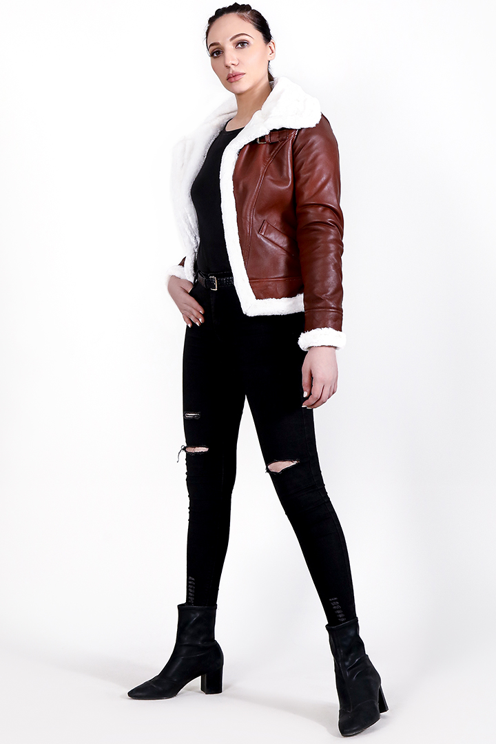 Vanda Fur Brown Leather Jacket Full Side