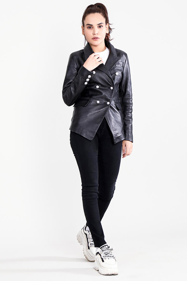 Norma Black Leather Blazer Full Front