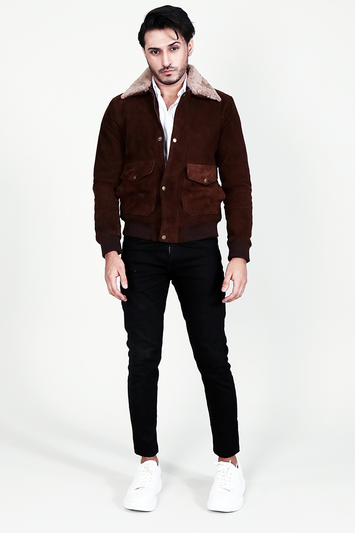 Eaton Brown Suede Bomber Jacket Full Front