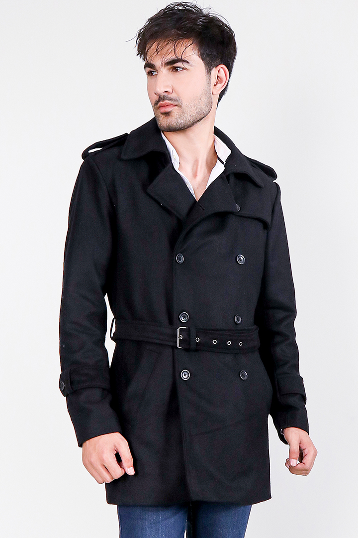 Detective Black Wool Double Breasted Coat Half Front