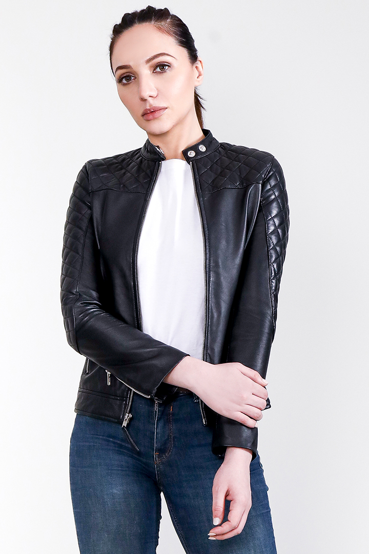 Marilyn Quilted Black Leather Jacket Half Front