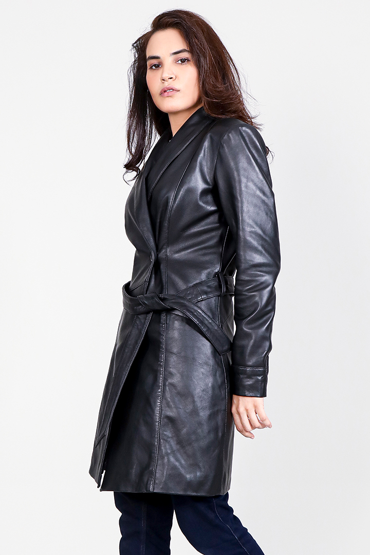 Luxe Black Leather Trench Coat | Skinler