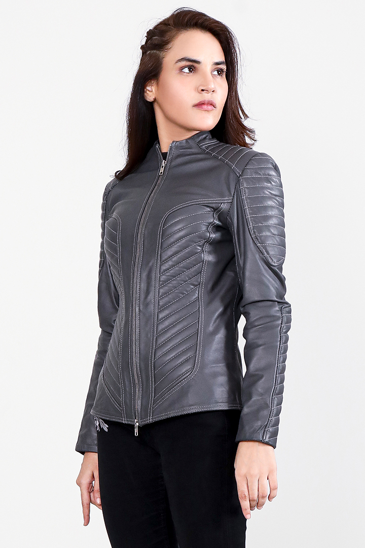Celeste Quilted Grey Leather Jacket Half Side