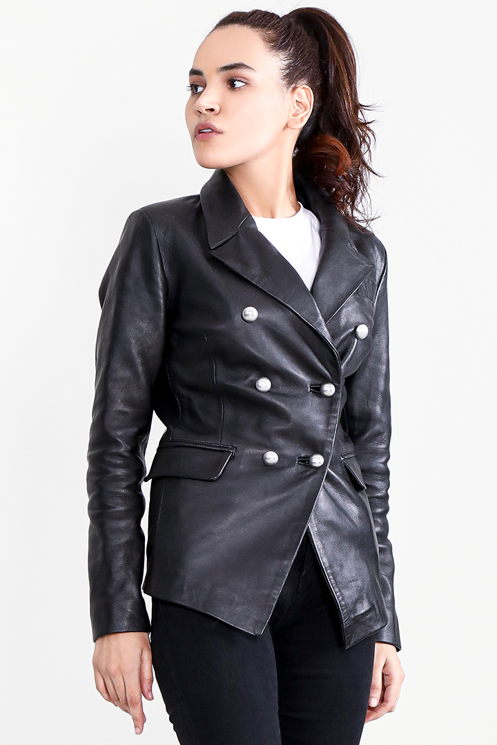Norma Black Leather Blazer Half Side