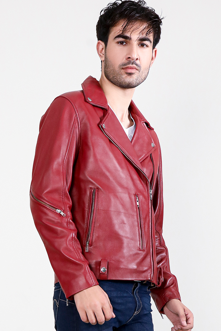 Mystical Red Leather Biker Jacket Side Half