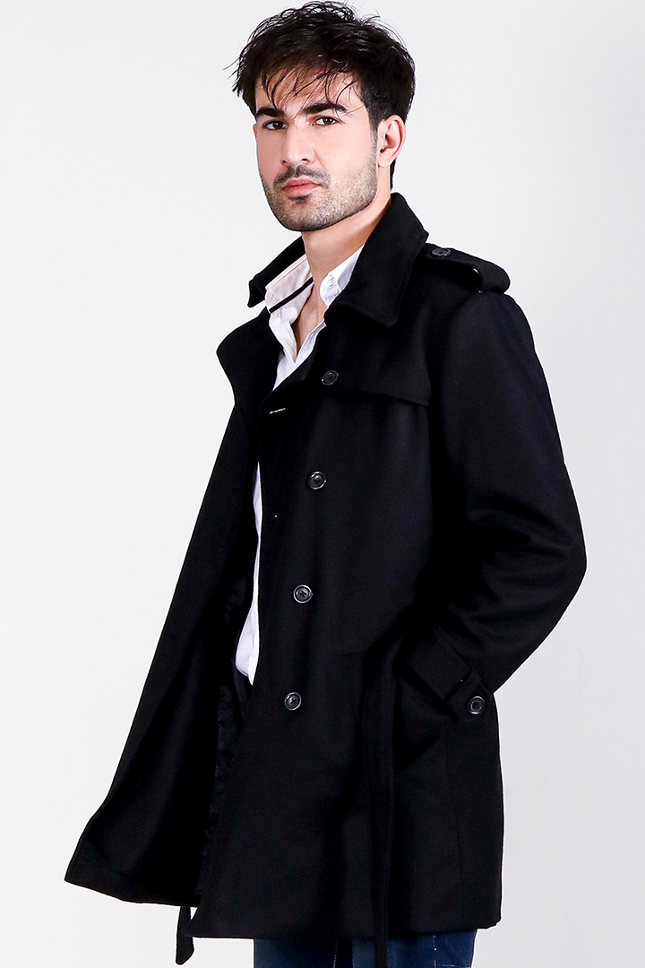 Detective Black Wool Double Breasted Coat Half Side
