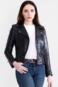 Sally Mae Black Leather Biker Jacket Half front