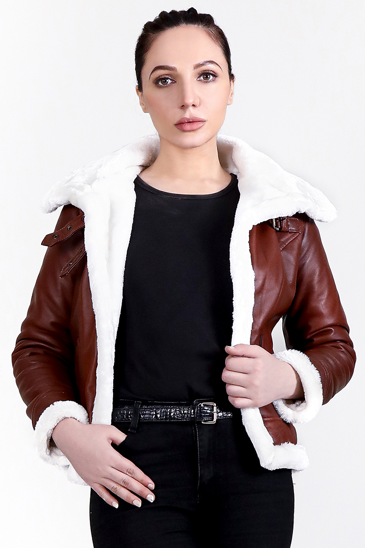 Vanda Fur Brown Leather Jacket Half Front