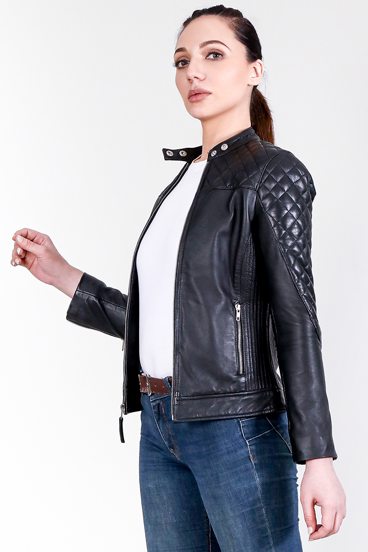 Marilyn Quilted Black Leather Jacket Half Side