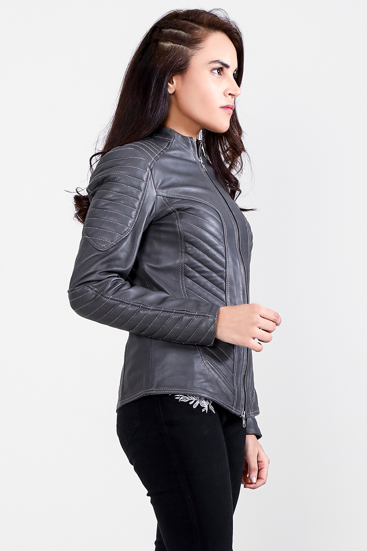 Celeste Quilted Grey Leather Jacket Half Side 2