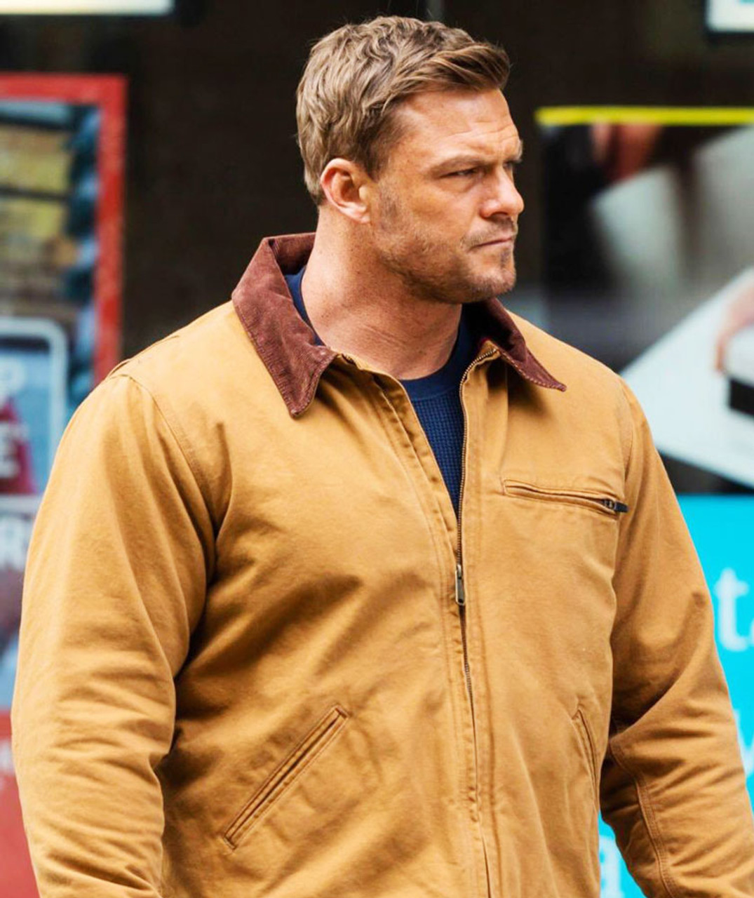 Alan-Ritchson-Reacher-Season-3-Brown-Cotton-Jacket-closeup
