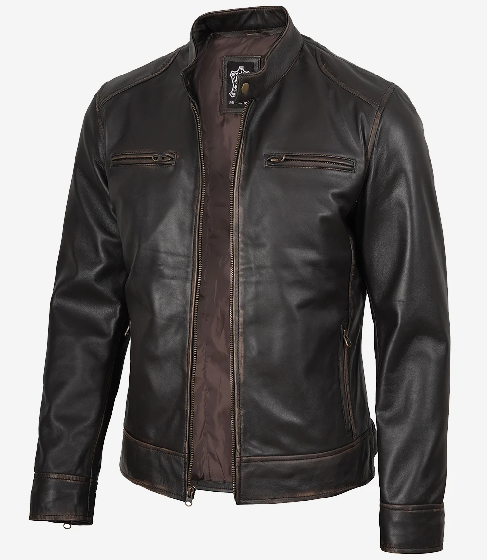 Dodge Men's Rub-off Dark Brown Leather Jacket
