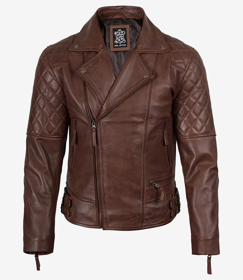 Men's Quilted Asymmetrical Cognac Leather Biker Fashion Jacket