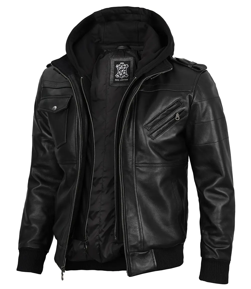 Edinburgh Men's Black Hooded Leather Jacket