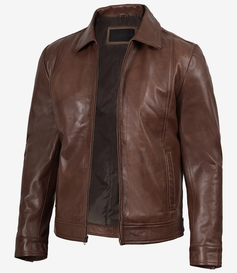 Reeves Men's Harrington Cognac Brown Real Leather Jacket