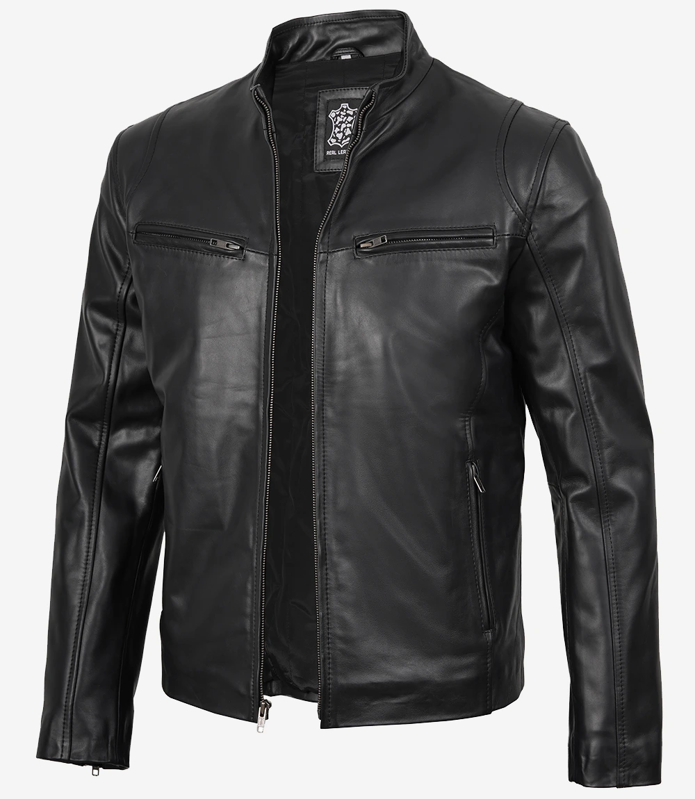 Clinton Men's Black Leather Cafe Racer Jacket