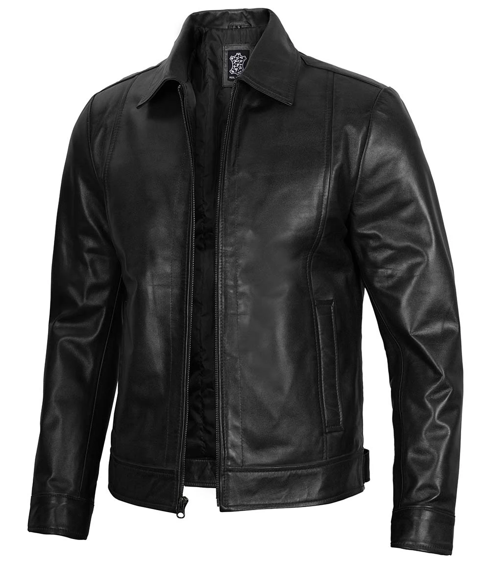 Reeves Men's Black Real Leather Harrington Jacket