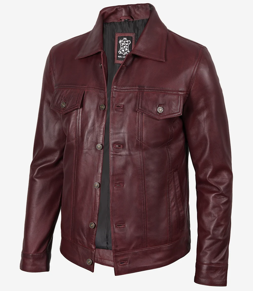 Fernando Men's Burgundy Leather Trucker Jacket
