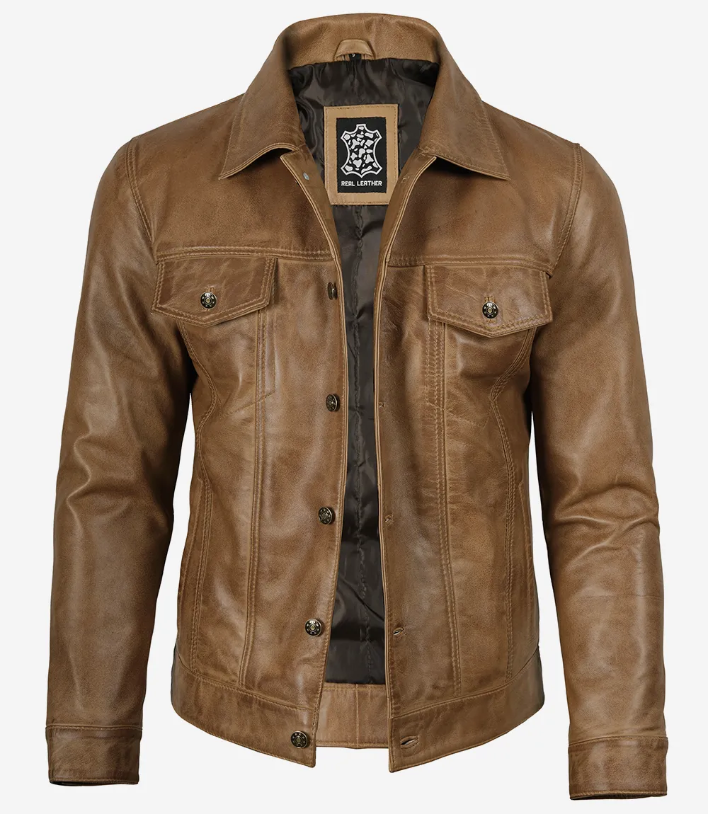 Fernando Men's Camel Brown Trucker Leather Jacket