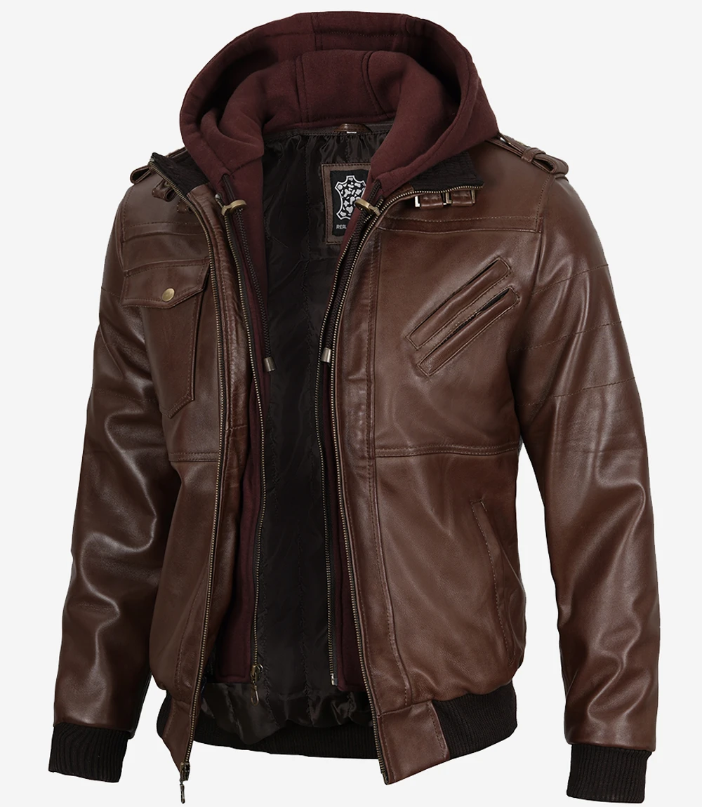 Edinburgh Men's Dark Brown Hooded Leather Jacket