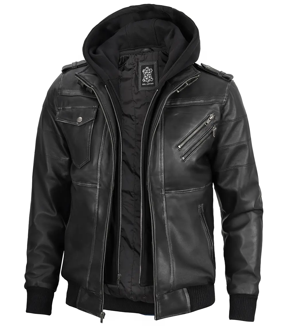 Men's Dark Gray Leather Bomber Jacket with Removable Hood