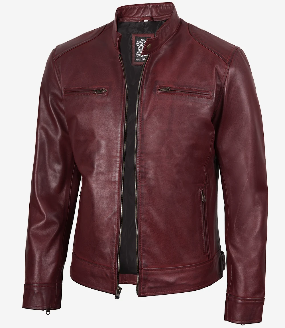 Men's Burgundy Cafe Racer Leather Jacket