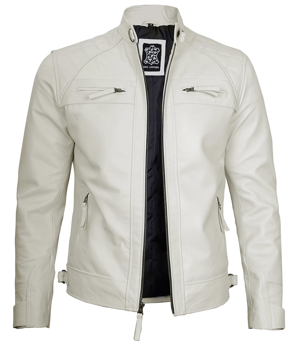 Johnson Diamond Classic White Cafe Racer Biker Jacket