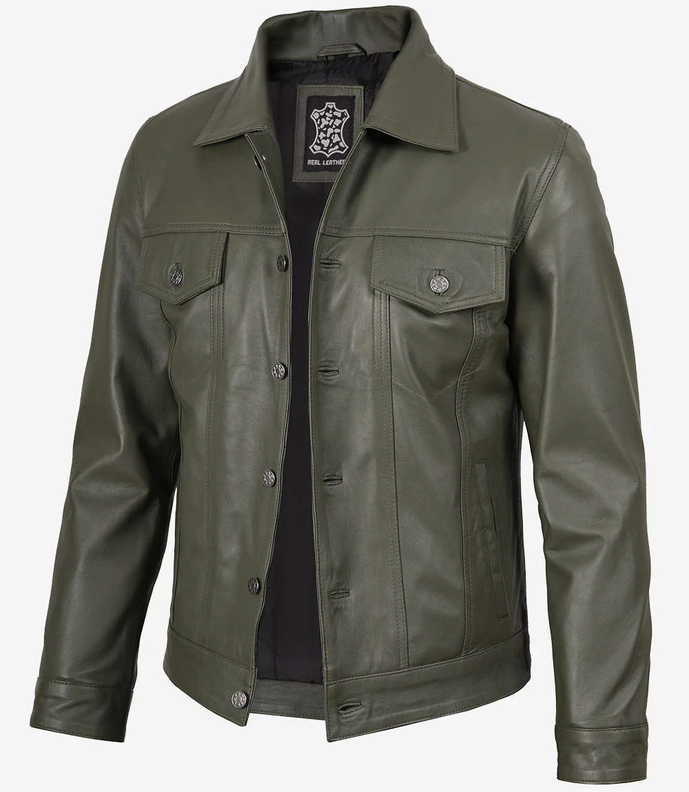 Men's Olive Green Real Trucker Leather Jacket