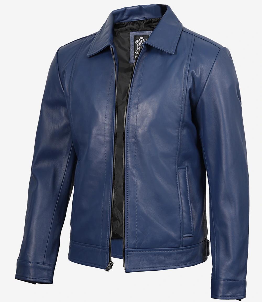 Men's Blue Real Leather Harrington Jacket