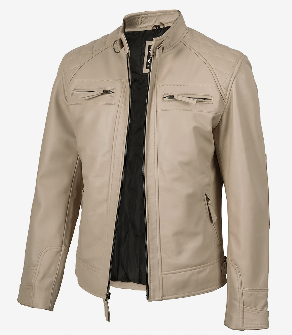 Real Leather Men's Beige Cafe Racer Jacket