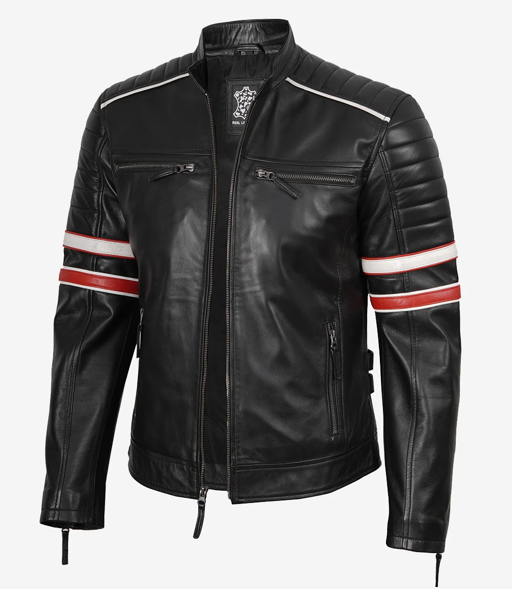 Men's Black Cafe Racer Leather Jacket with Red & White Stripes