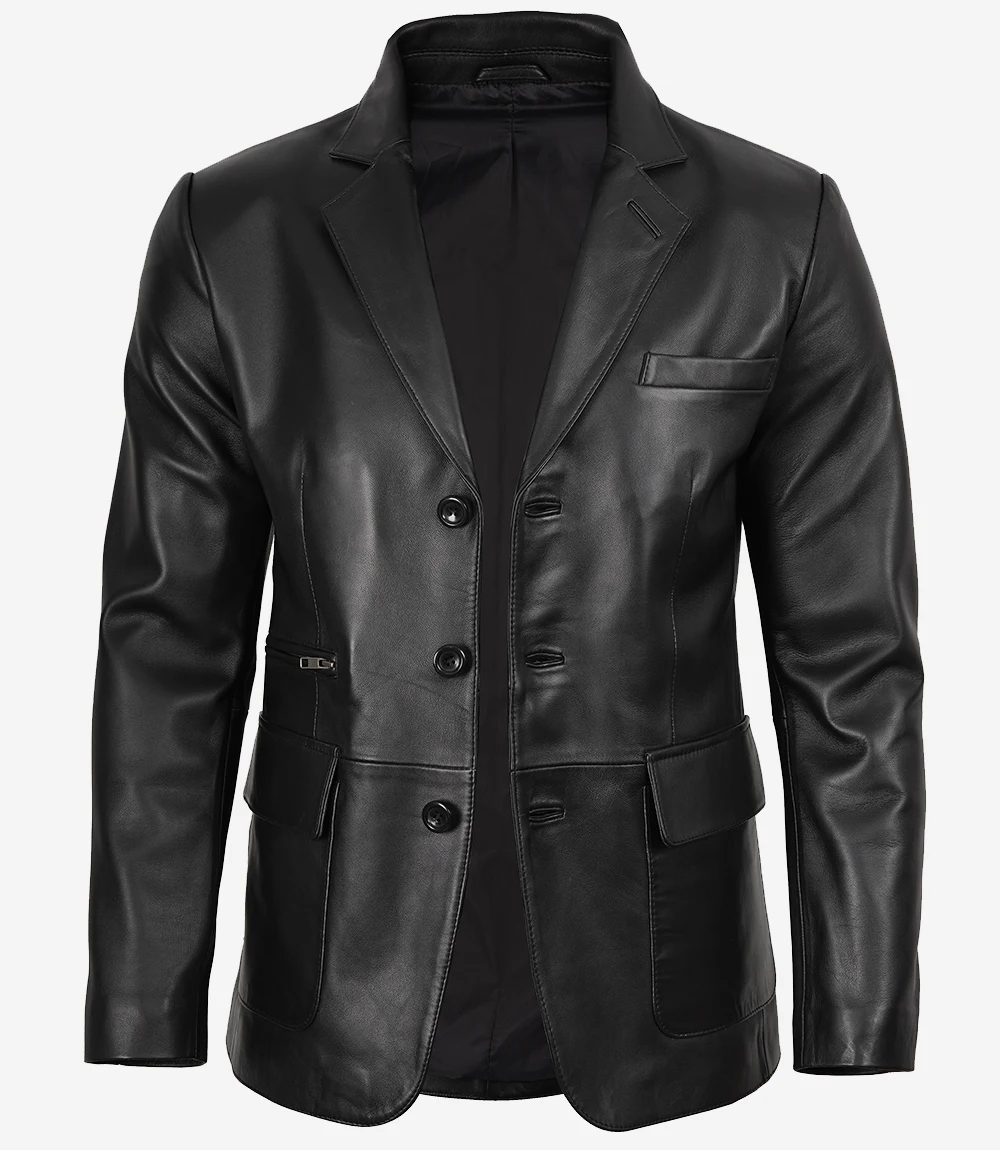 Eliseo Men's Black Three Button Leather Blazer