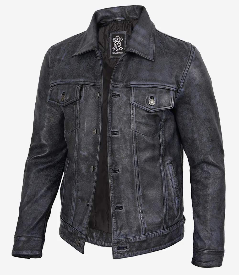 Damon Men's Black Leather Trucker Jacket