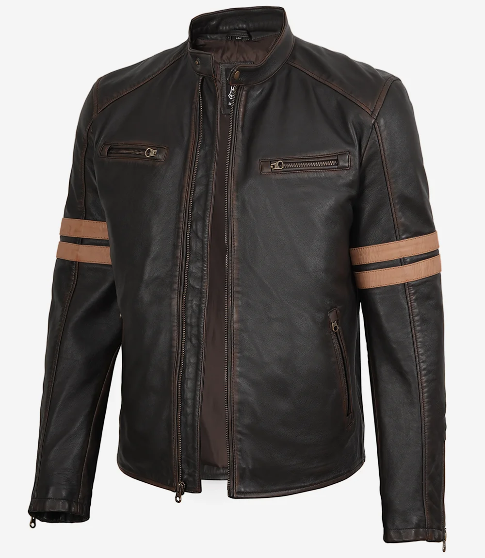 Gregory Men's Dark Brown Vintage Leather Biker Jacket with Racing Stripes