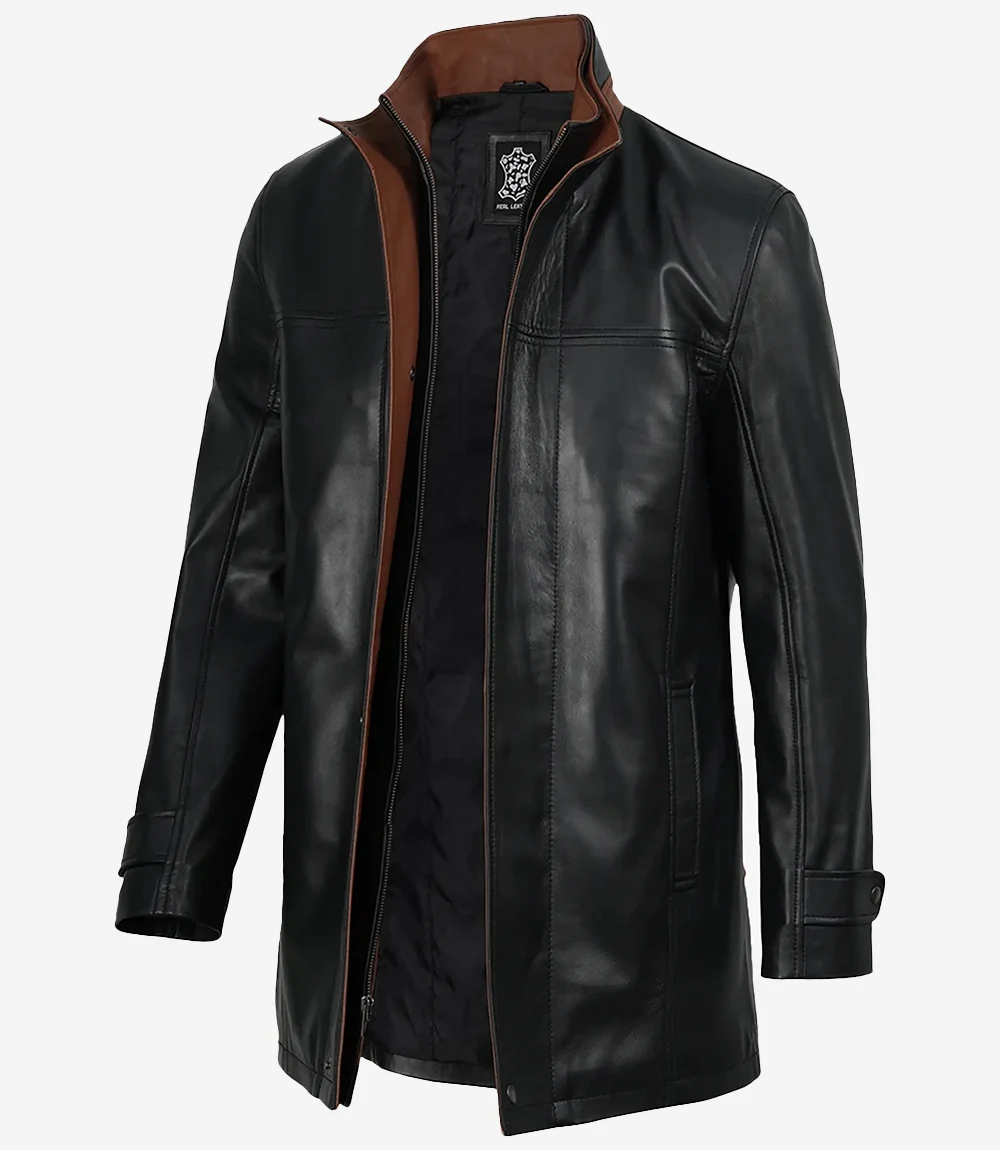 Erin Men's Black Leather Jacket with Wide Lapel