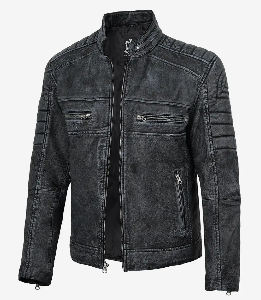 Men's Washed Black Distressed Cafe Racer Leather Jacket