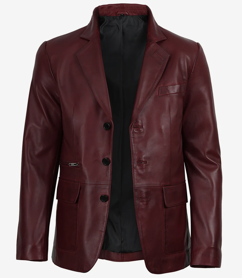 Eliseo Men's Burgundy Three Button Leather Blazer