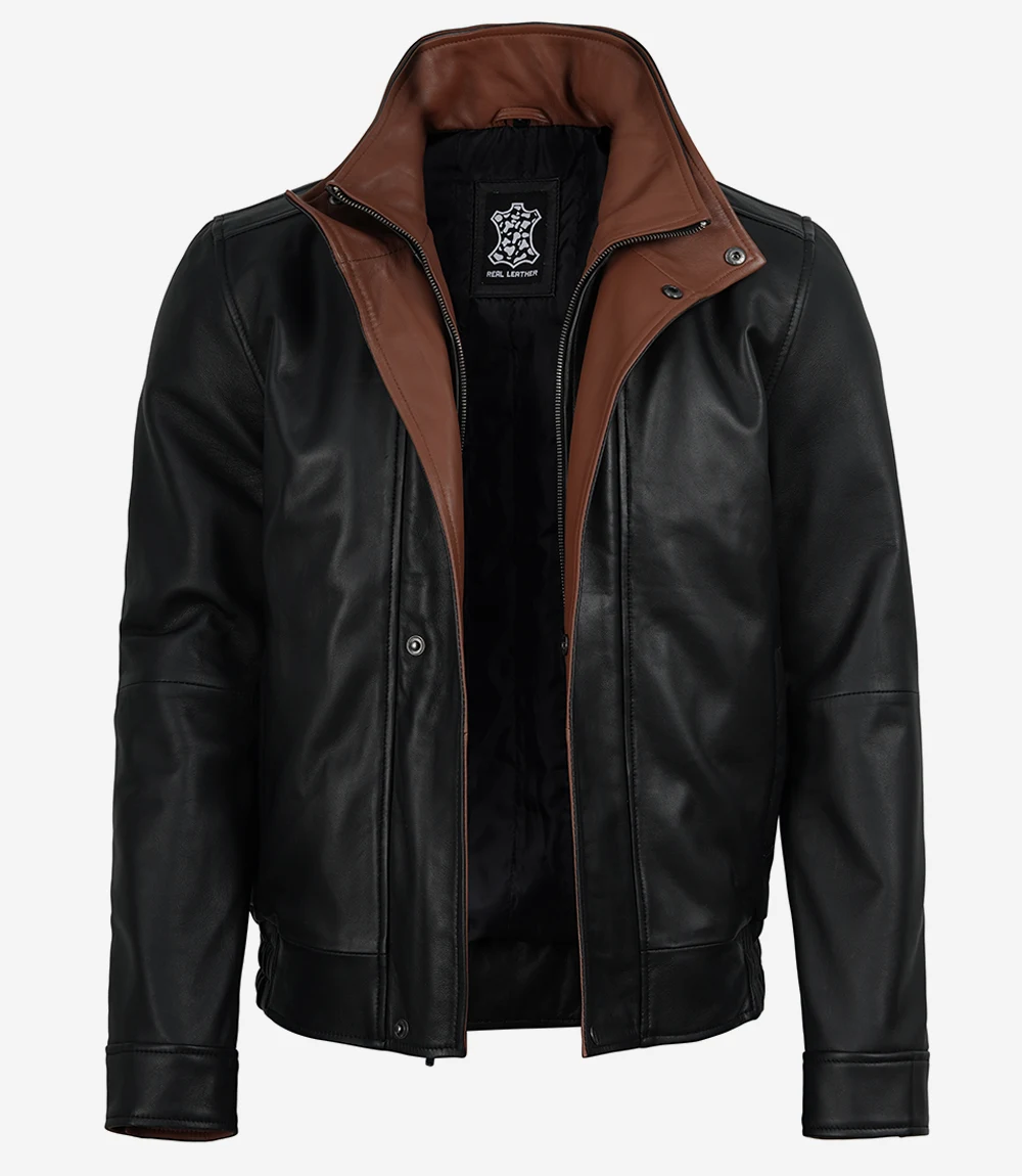 Erin Men's Black Bomber Leather Jacket - Brown Lapel