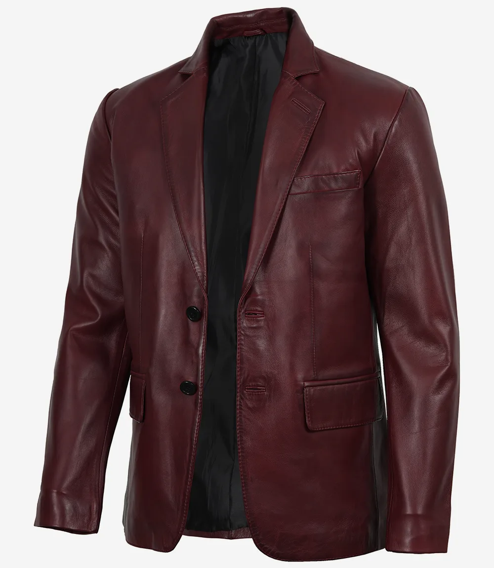 Brandon Men's Real Lambskin Burgundy Wax Leather Blazer