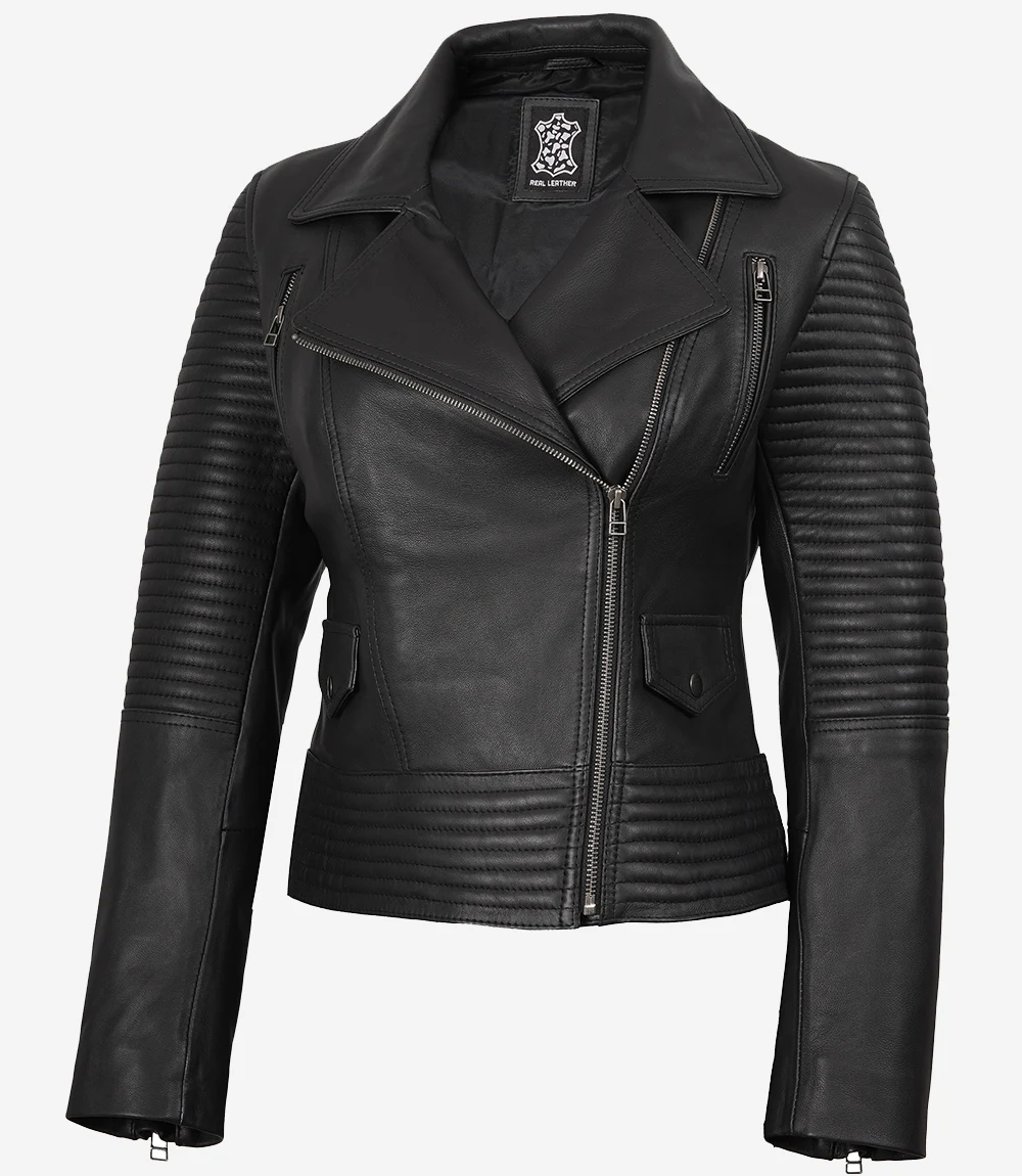 Women's Black Padded Style Leather Biker Jacket — Asymmetrical Zip