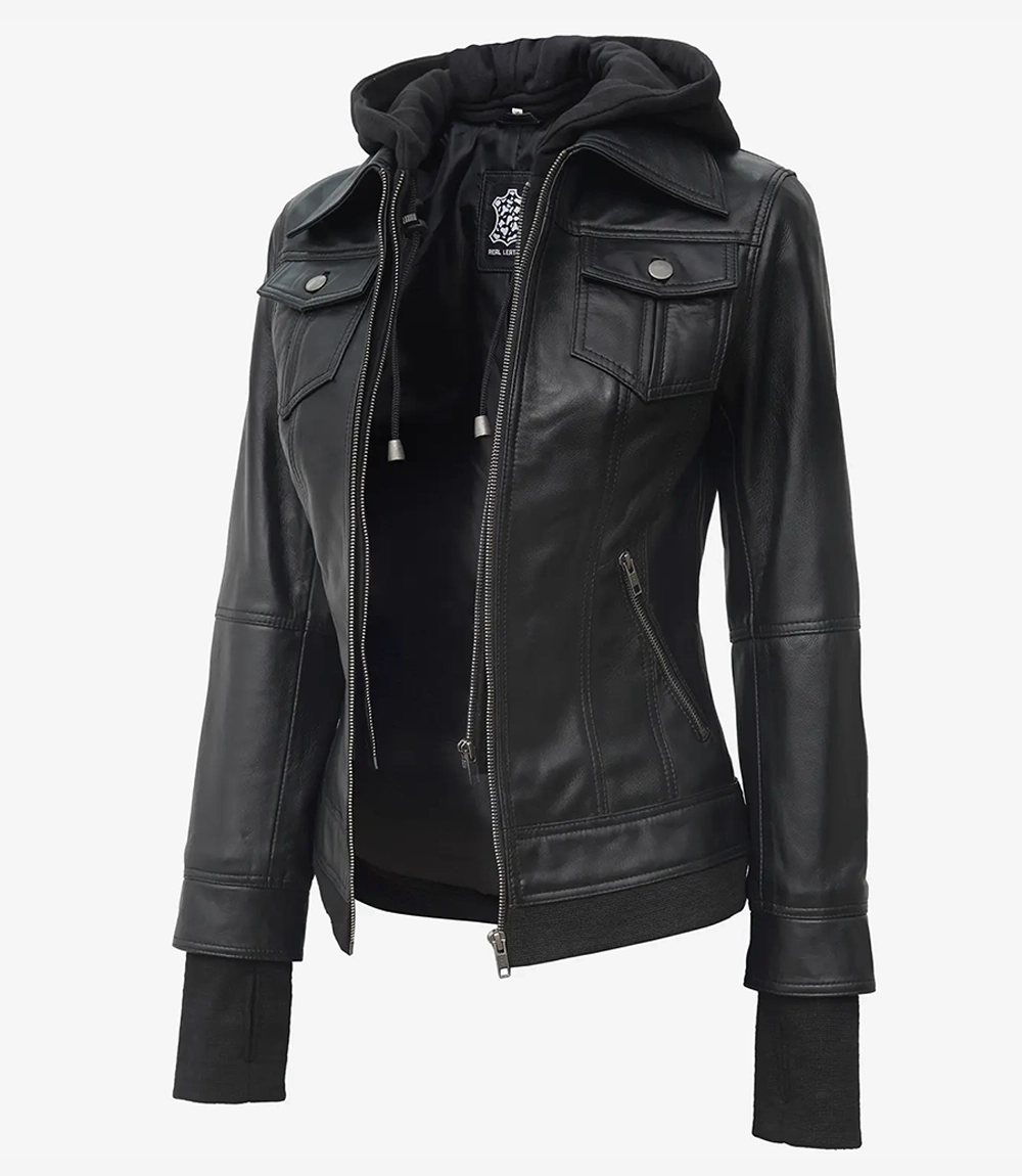 Women's Black Hooded Leather Jacket — Removable Hood