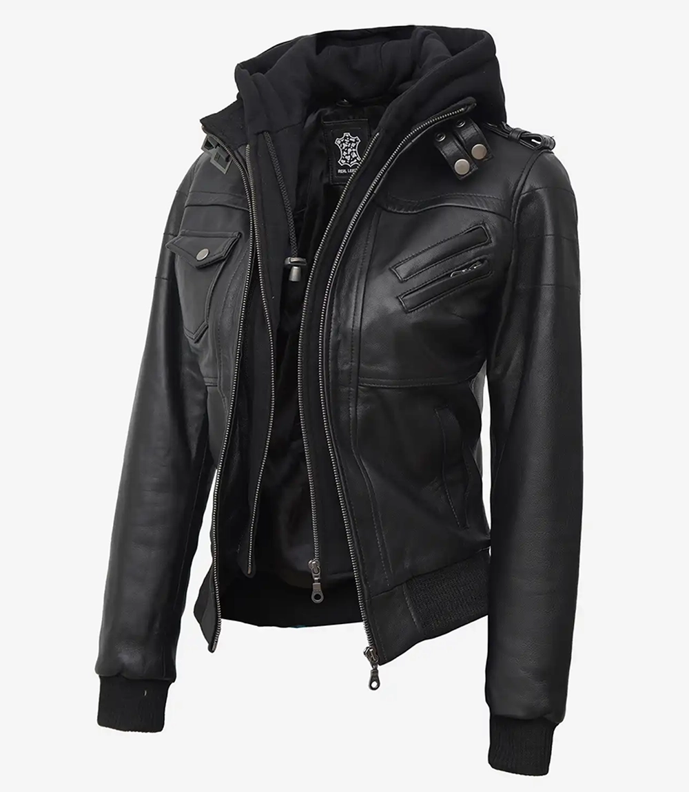 Women's Bomber Black Leather Jacket with Removable Hood