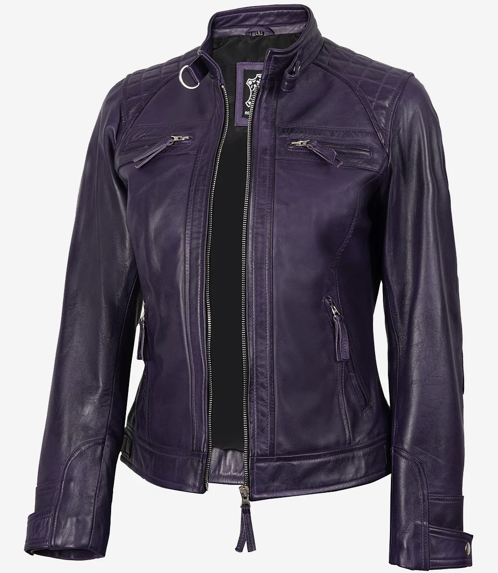 Women Purple Quilted Leather Cafe Racer Jacket