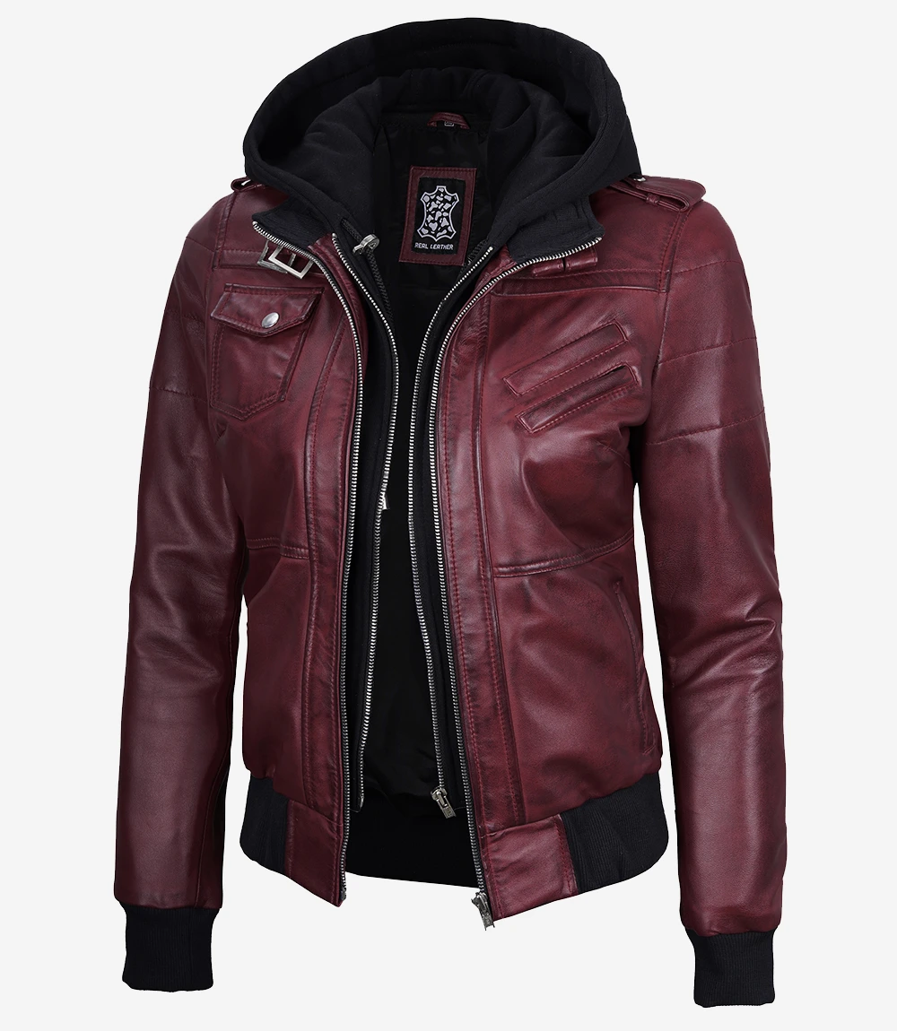Women's Burgundy Bomber Leather Jacket with Removable Hood