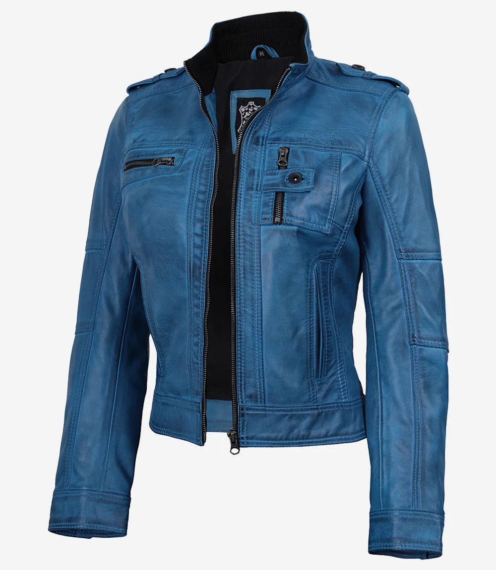 Tavares Women's Wax Blue Leather Biker Jacket